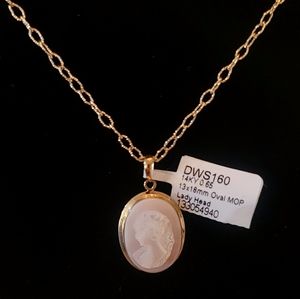 14K Solid Italian Yellow Gold Mother of Pearl Lady Head Necklace